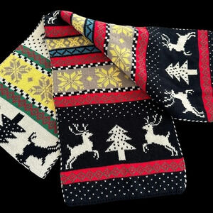Reversible Sweater Knit Holiday Scarf Christmas Reindeer Snowflake Fair Isle